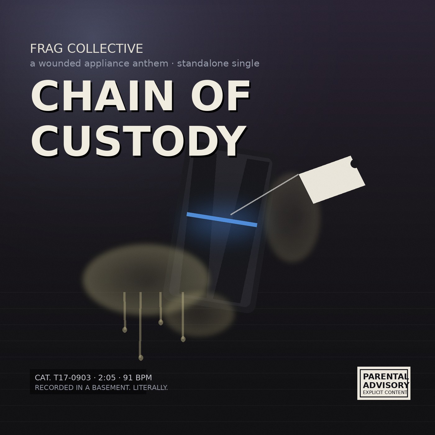 Chain of Custody single artwork — a leaning console with a blue light bar, an evidence tag on a string, and a stain on the floor